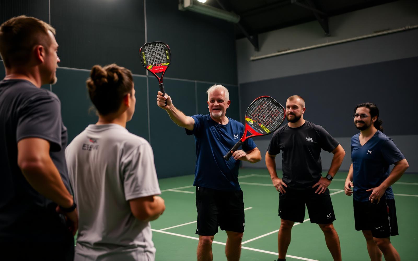 A padel coach demonstrating a shot to a group of players