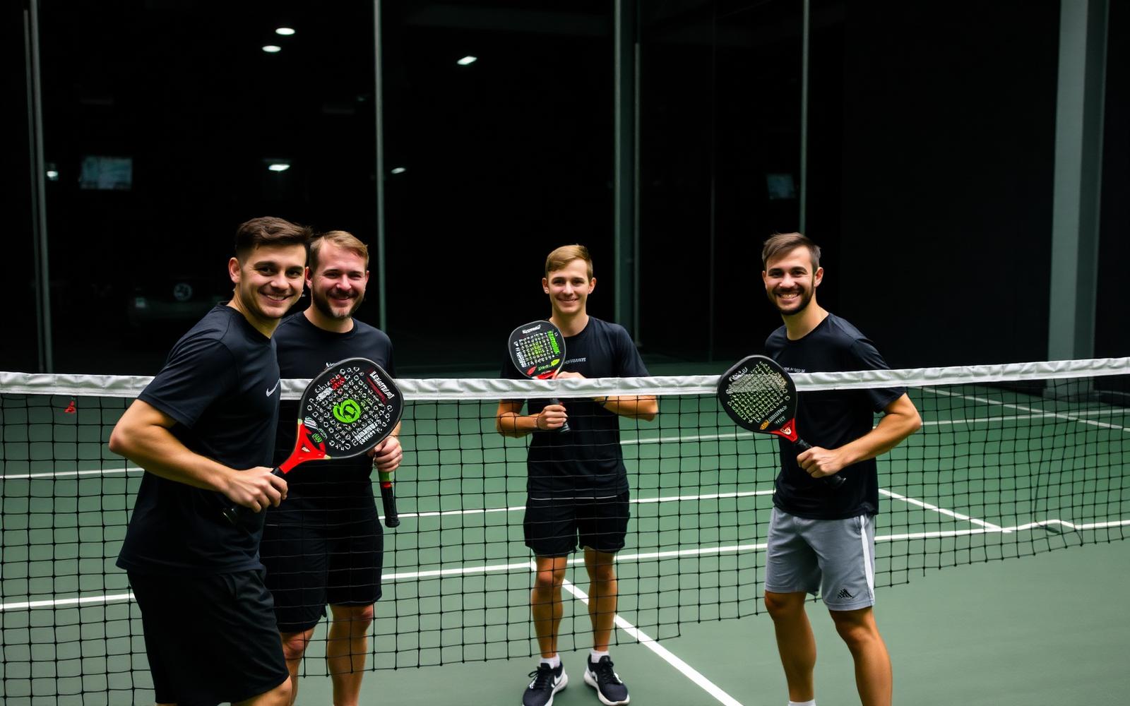 Four padel players of mixed ability at the net of an indoor court at Top Padel Basildon