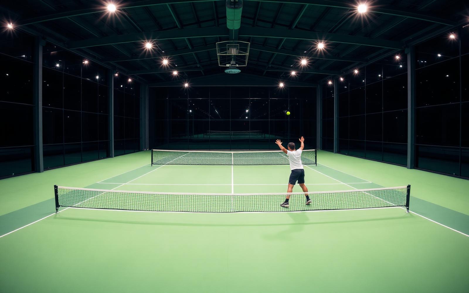 Player serving underarm on an indoor panoramic padel court at Top Padel Basildon